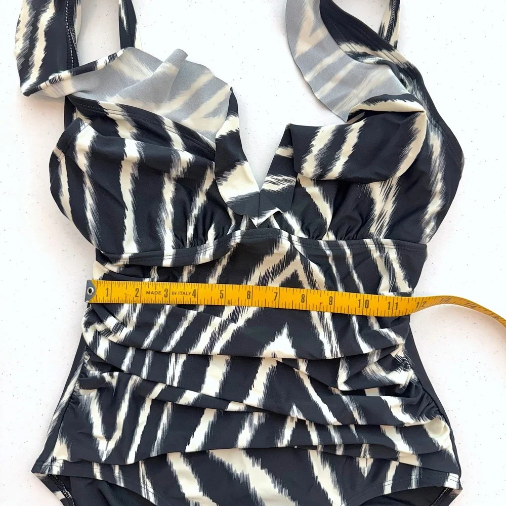 DKNY One Piece Swimsuit Black White Zebra Print Ruffle V Neck Women's Size Small - Picture 5 of 8